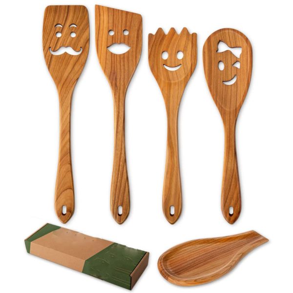 Multipurpose Wooden Cooking Spoons Kitchen Spatula Set Smiley Faces Utensils China Made