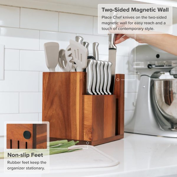 China Factory Direct Supplier Bamboo Wood Magnetic Knife Block and Cooking Utensil Holder Sleek Storage Non-Slip Rubber Feet Kitchen Countertop Organizer