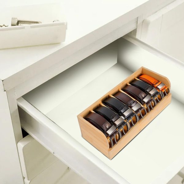 China Factory Direct Supplier 6 Compartments Bamboo Belt Organizer Belt Organizer For Closet and Drawer Bamboo Display Case Belt Holder