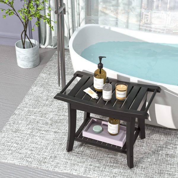 China Factory Direct Supplier Bamboo Black Shower Stool Bench Waterproof With Storage Shelf For Shaving Legs