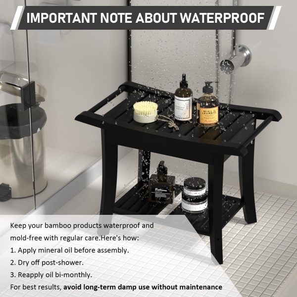 China Factory Direct Supplier Bamboo Black Shower Stool Bench Waterproof With Storage Shelf For Shaving Legs - Image 2