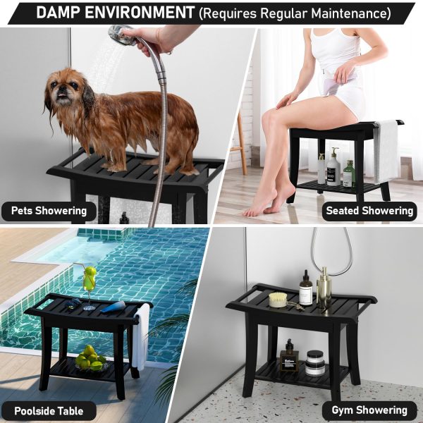 China Factory Direct Supplier Bamboo Black Shower Stool Bench Waterproof With Storage Shelf For Shaving Legs - Image 3